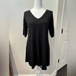 Eileen Fisher Black Viscose Jersey V Neck Elbow Sleeve Swing Tunic Dress size SP